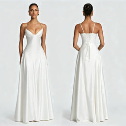 Vestido Comprido de Cetim com Corpete e Costas Descobertas