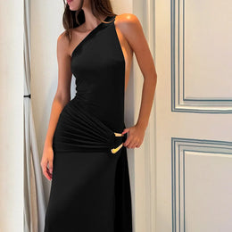 Vestido Comprido de Um Ombro com Costas Descobertas
