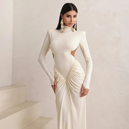 Vestido Comprido de Malha com Gola Alta e Costas Descobertas