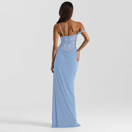 Vestido Comprido de Um Ombro com Renda