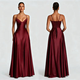 Vestido Comprido de Cetim com Corpete e Costas Descobertas