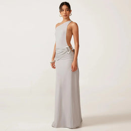 Vestido Comprido de Um Ombro com Costas Descobertas