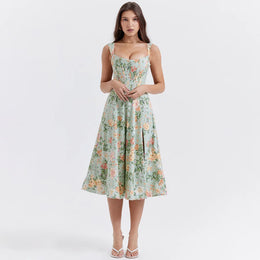 Vestido Midi Floral com Corpete e Bolsos