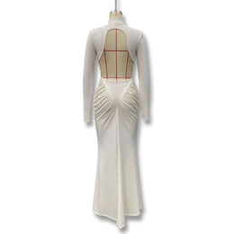 Vestido Comprido de Malha com Gola Alta e Costas Descobertas