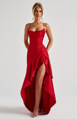 Vestido Comprido Acetinado com Folhos