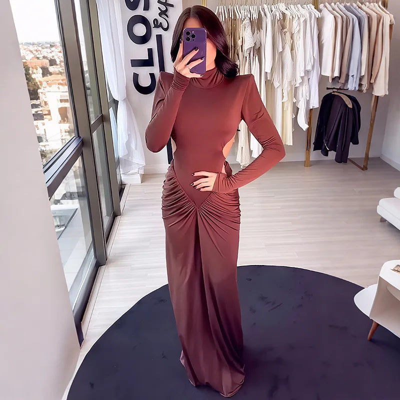 Vestido Comprido de Malha com Gola Alta e Costas Descobertas