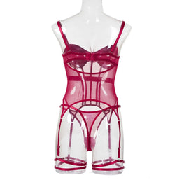 Conjunto de Lingerie em Tule com Body e Ligas — 3 Peças