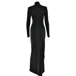 Vestido Comprido de Malha com Gola Alta e Ombreiras
