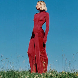 Vestido Comprido de Gola Alta com Atacadores