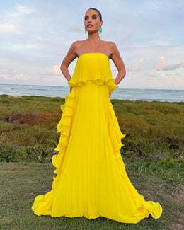 Vestido Comprido sem Alças com Folhos
