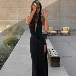 Vestido Comprido com Decote em V e Franzidos