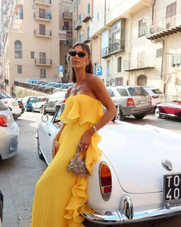 Vestido Comprido sem Alças com Folhos