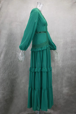 Vestido Comprido com Folhos e Manga Comprida
