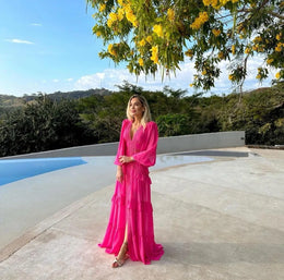 Vestido Comprido com Folhos e Manga Comprida