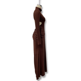 Vestido Comprido de Malha com Gola Alta e Costas Descobertas