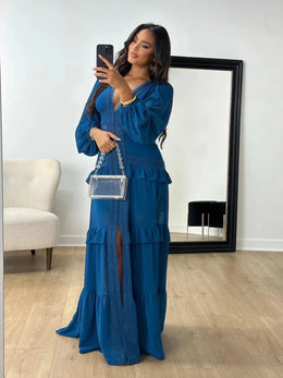 Vestido Comprido com Folhos e Manga Comprida