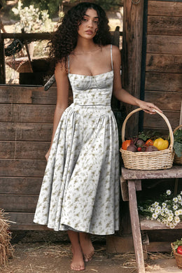 Vestido Midi Floral com Corpete — Rosa