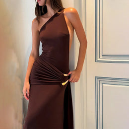 Vestido Comprido de Um Ombro com Costas Descobertas