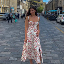Vestido Midi Floral com Corpete e Fenda — Modelo B