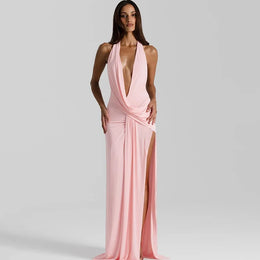 Vestido Comprido com Decote em V e Franzidos