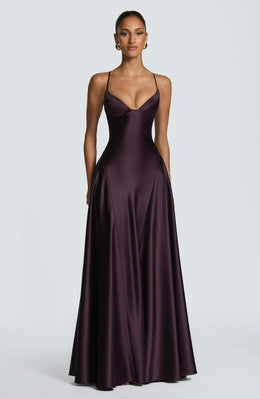 Vestido Comprido de Cetim com Corpete e Costas Descobertas