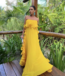 Vestido Comprido sem Alças com Folhos