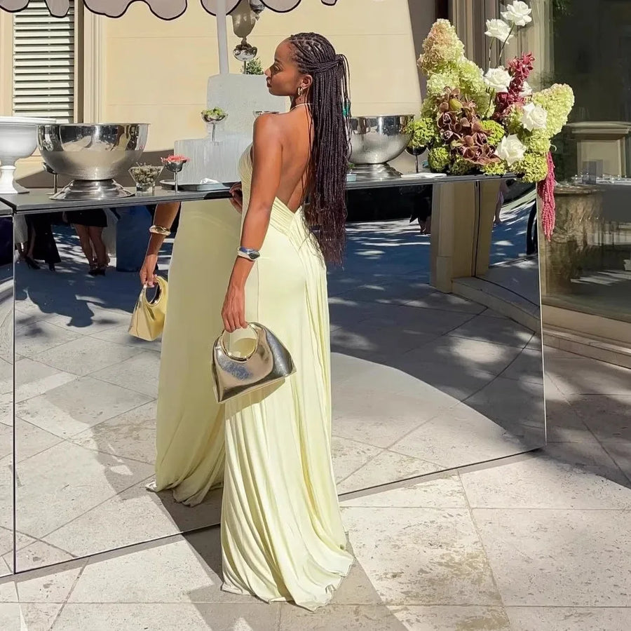 Vestido Comprido Amarelo com Folhos