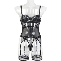 Conjunto de Lingerie em Tule com Body e Ligas — 3 Peças