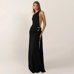 Vestido Comprido de Um Ombro com Costas Descobertas