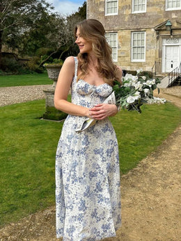 Vestido Midi Floral com Corpete e Fenda — Modelo B