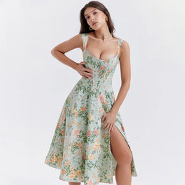 Vestido Midi Floral com Corpete e Bolsos