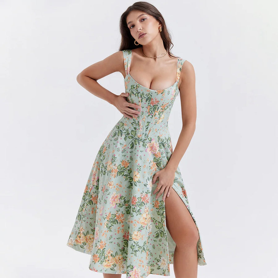 Vestido Midi Floral com Corpete e Bolsos