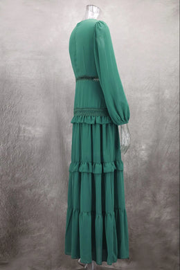 Vestido Comprido com Folhos e Manga Comprida