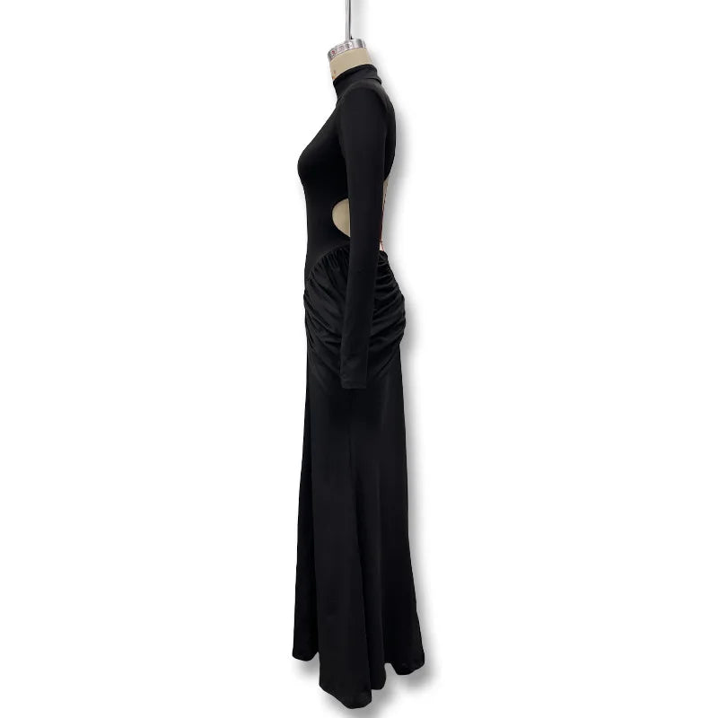 Vestido Comprido de Malha com Gola Alta e Costas Descobertas