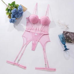 Conjunto de Lingerie em Tule com Body e Ligas — 3 Peças