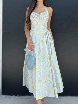 Vestido Midi Floral com Decote Halter