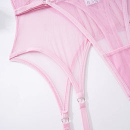 Conjunto de Lingerie em Tule com Body e Ligas — 3 Peças