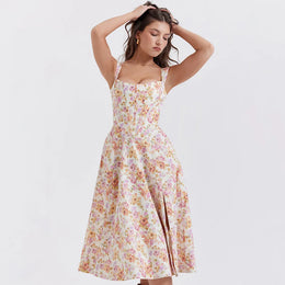Vestido Midi Floral com Corpete e Bolsos