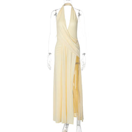 Vestido Comprido com Decote em V e Franzidos