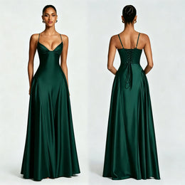 Vestido Comprido de Cetim com Corpete e Costas Descobertas