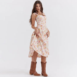 Vestido Midi Floral com Corpete e Bolsos