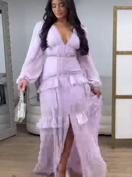 Vestido Comprido com Folhos e Manga Comprida
