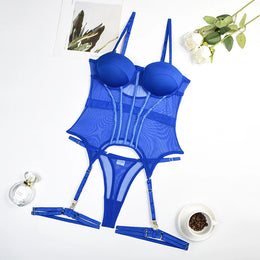 Conjunto de Lingerie em Tule com Body e Ligas — 3 Peças