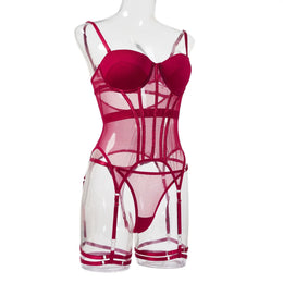 Conjunto de Lingerie em Tule com Body e Ligas — 3 Peças