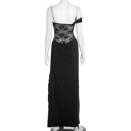 Vestido Comprido de Um Ombro com Renda