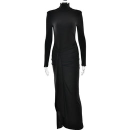 Vestido Comprido de Malha com Gola Alta e Ombreiras