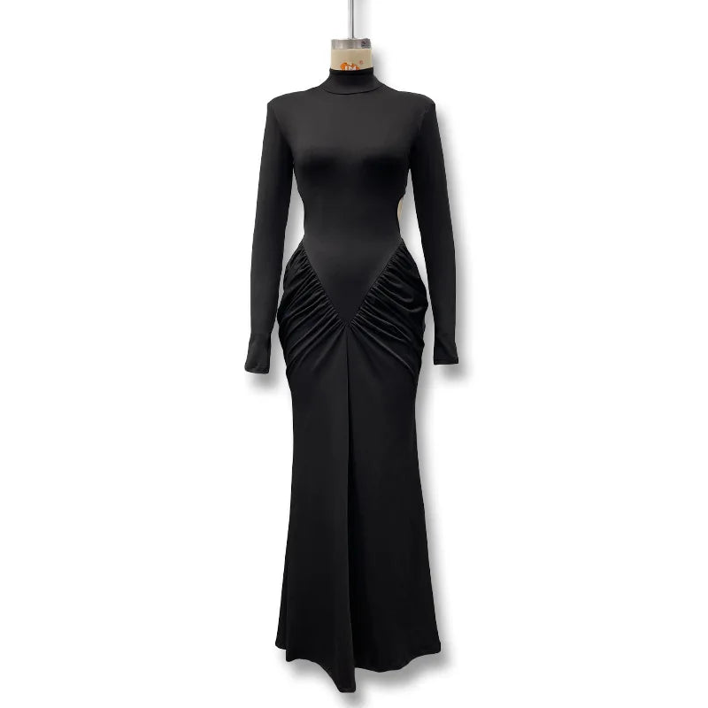 Vestido Comprido de Malha com Gola Alta e Costas Descobertas
