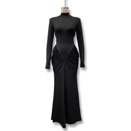 Vestido Comprido de Malha com Gola Alta e Costas Descobertas