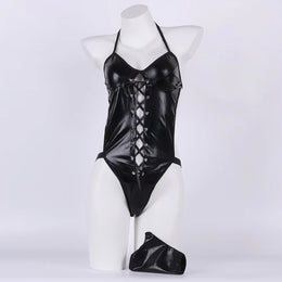Conjunto de Lingerie com Efeito Couro e Renda