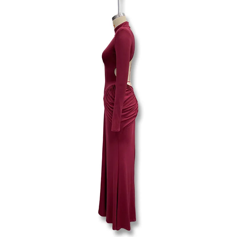 Vestido Comprido de Malha com Gola Alta e Costas Descobertas